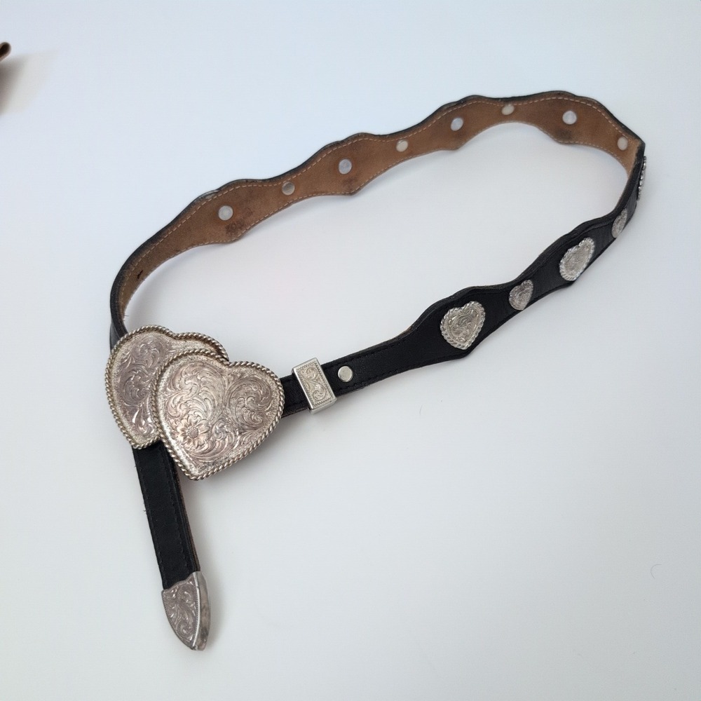 Montana Silversmiths Black Leather Western Belt Heart Silver Plate 27-30 HEAVY - Picture 7 of 9